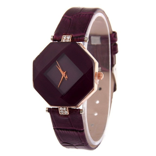 Gem Cut Geometry Crystal Leather Quartz Wristwatch