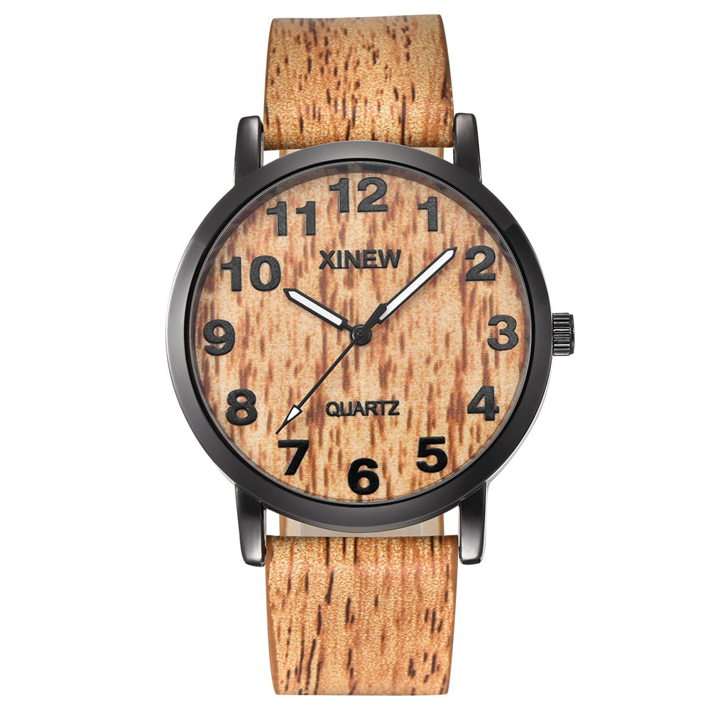 XINEW Wooden Retro Leather Quartz Watch